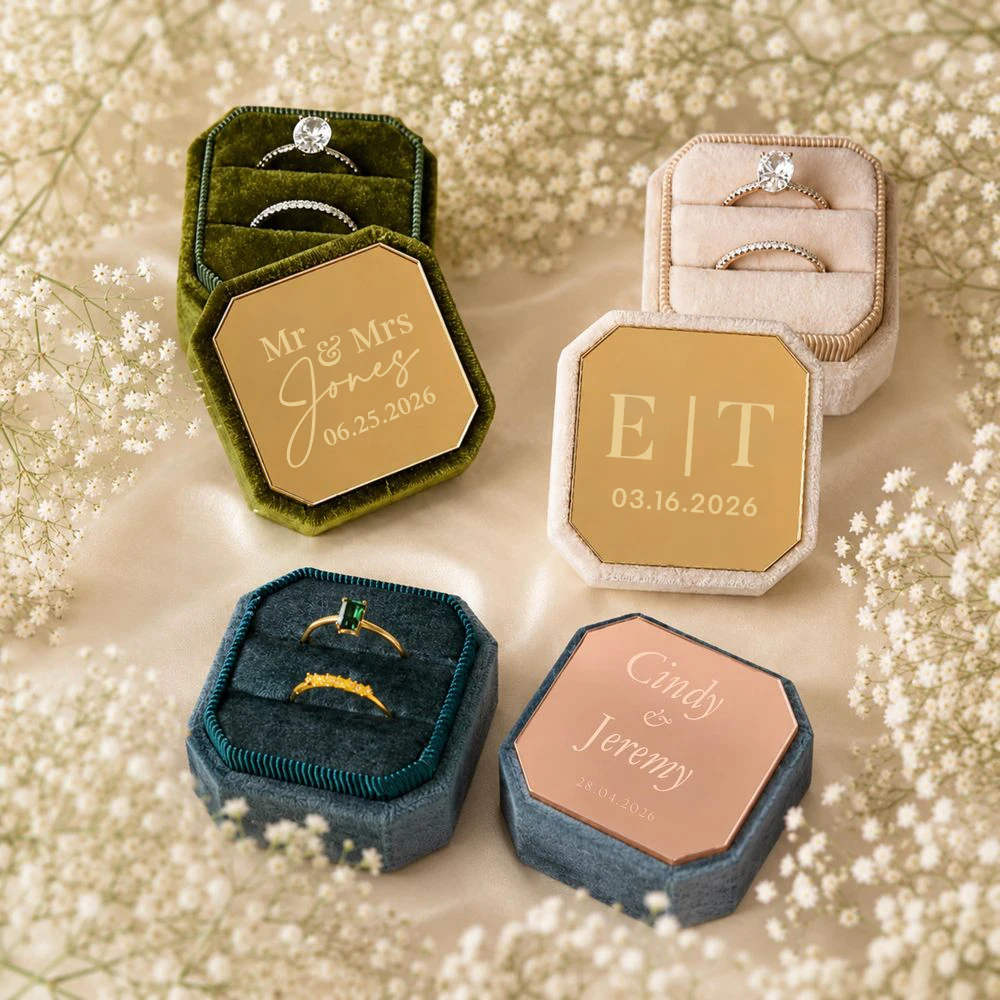 Velvet Jewelry Box - パーソナライズされた八角形ベルベットリングボックス、結婚式用2スロットリングホルダー、アクリル製婚約指輪ケース、ロゴのカスタマイズ可能、彼女へのギフト