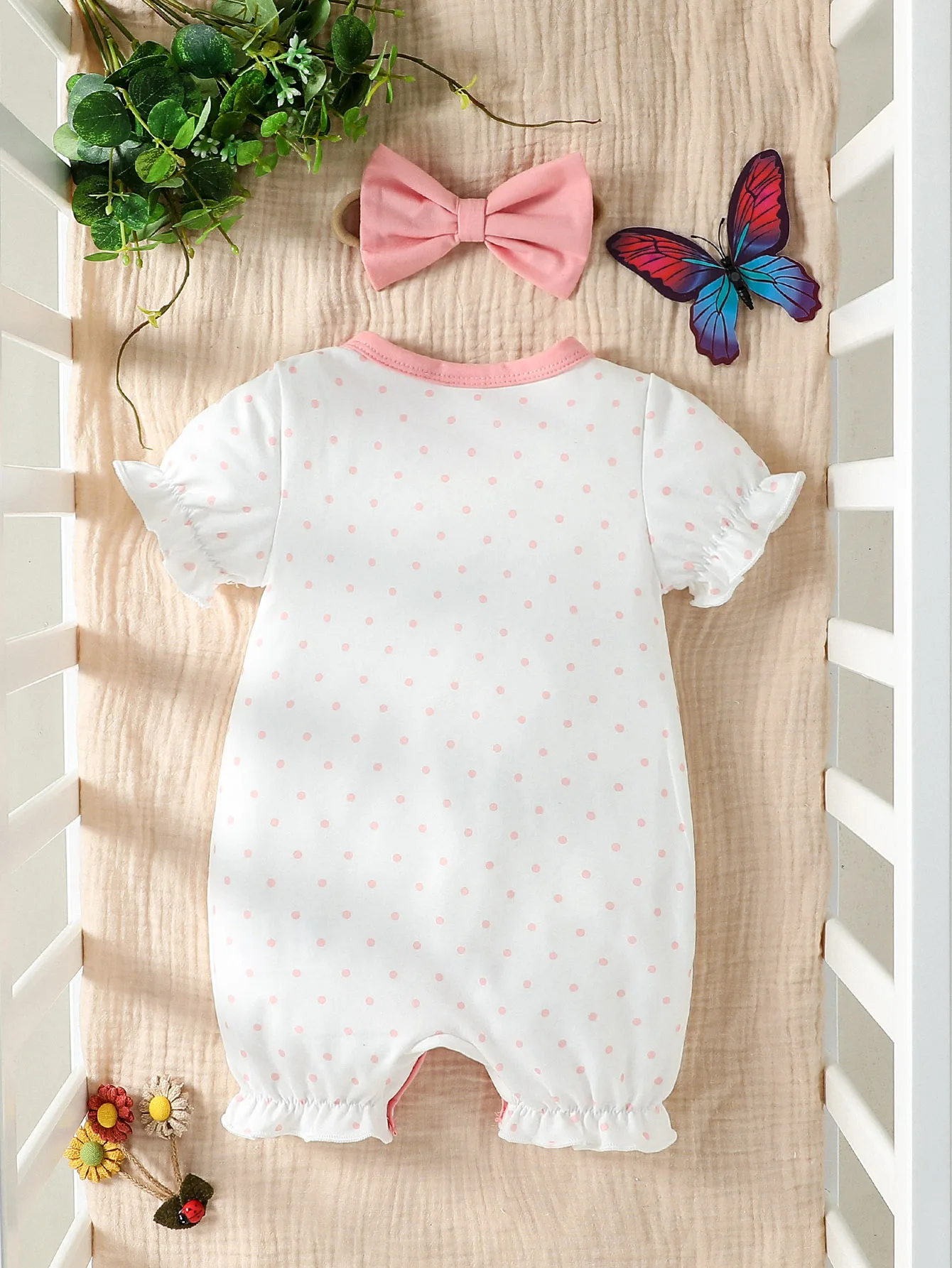 Baby Gilrs Summer Short Sleeve Polka dot& Cartoon Butterfly Cute Daily  Jumpsuit Newborn-24M +Headband