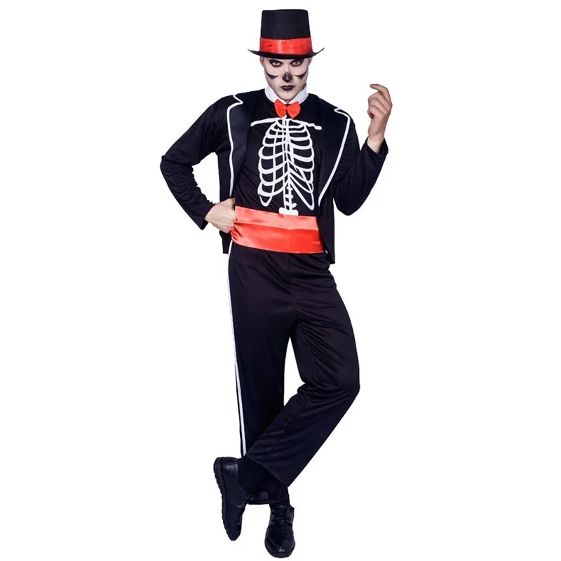 Men Halloween Evil Skeleton Magician Costumes Azrael Day of the Dead Cosplay Carnival Purim Nightclub Bar Role Play Party Dress