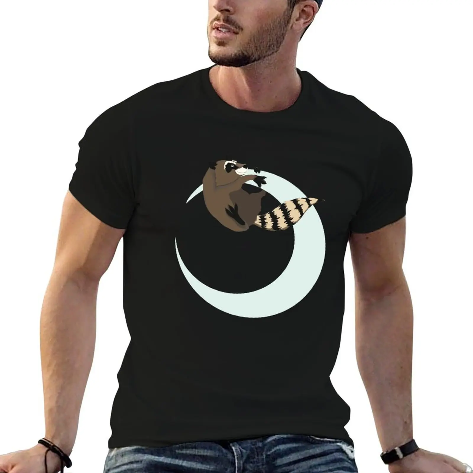 

Футболка с изображением енота и луны, мужские футболки с рисунком аниме, мужская футболка