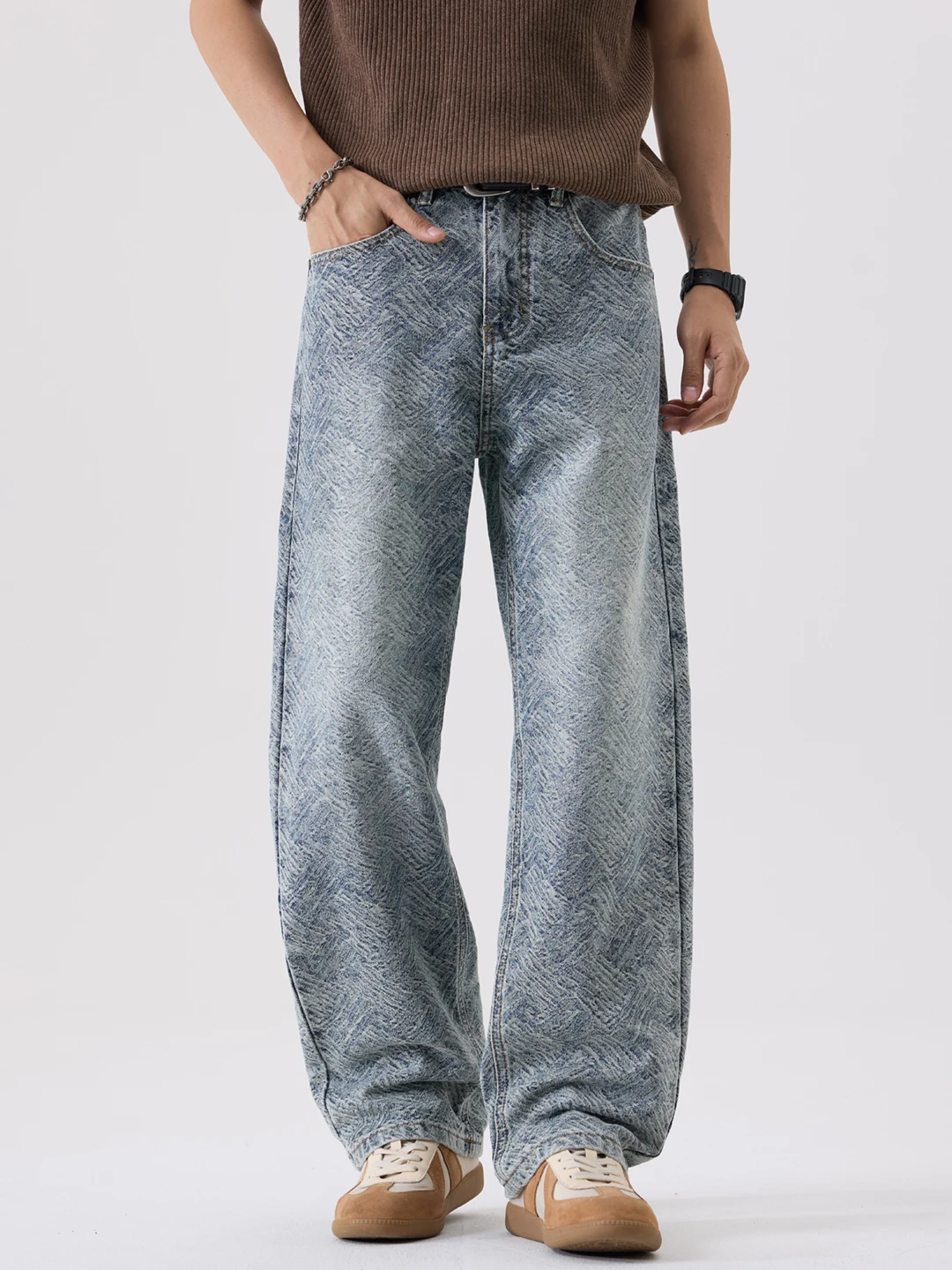 

Retro American Waed Floral Embroidery Men's Loose Straight Leg Casual Long Jeans mid Waist Denim Fabric Wear Resistant