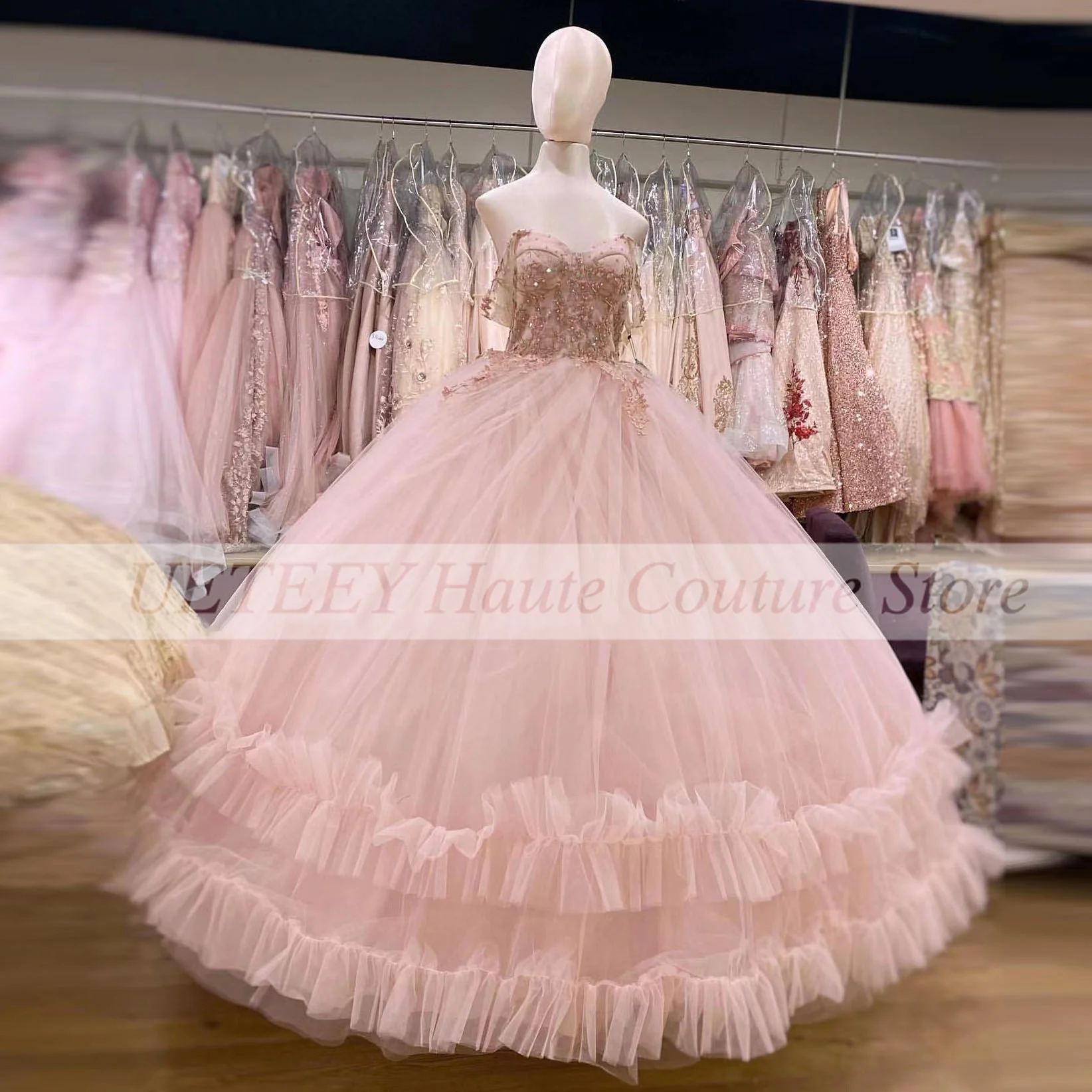 Vestido de quinceañera rosa para niña, vestido de baile de quinceañera, dulce, 16 apliques con cuentas, vestidos de graduación de cumpleaños, vestidos de quinceañera