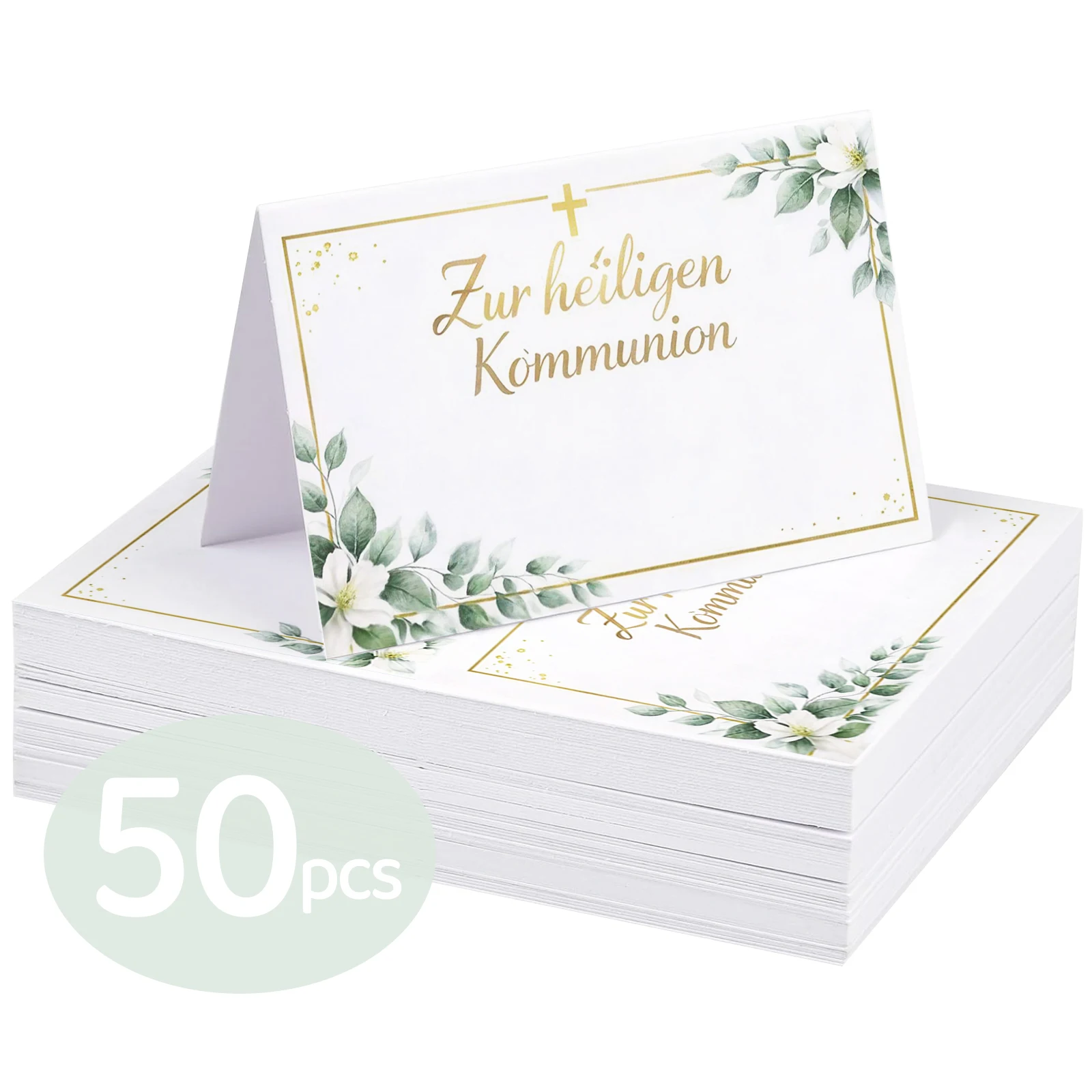 50 Einladungskarten zur Kommunion, frische Aquarellblumen im europäischen Stil, religiöse Taufe, Tischkarten zur Erstkommunion, Deutsch Z