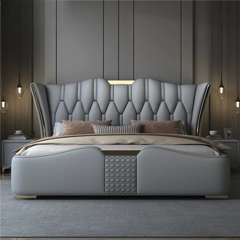 Italian Light Luxury Genuine Leather Bed Winged High Headboard Upholstered Double Bed 1.8m/2m For Master Bedroom Wedding Room