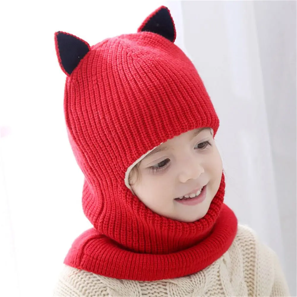 Cute Hooded Scarf Winter Warm Winter Baby Hats Fleece Lining Earflap Cap Toddler Beanie Knitted Cap