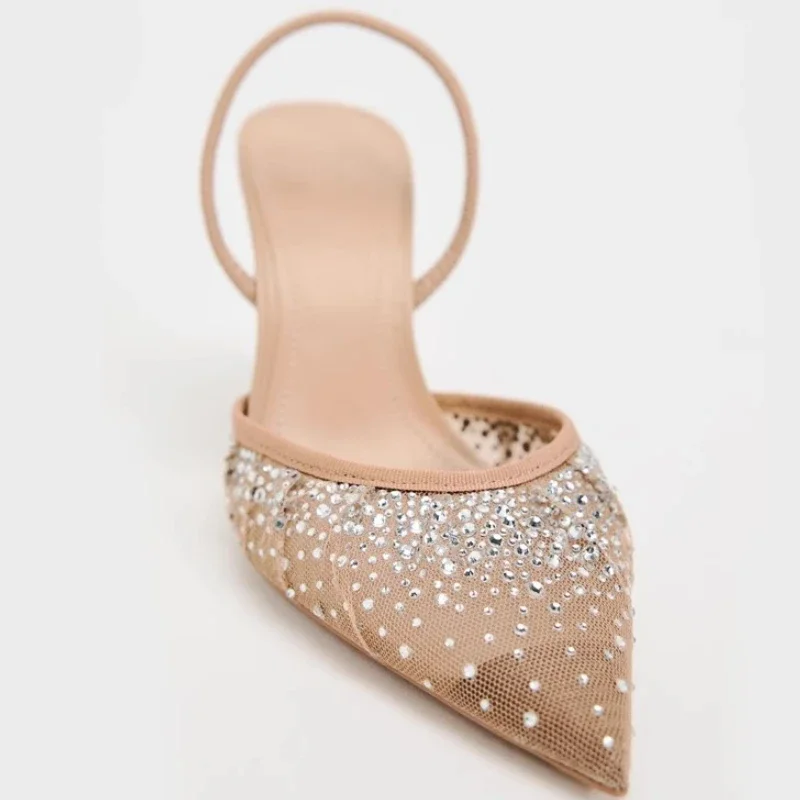 Luxury Diamond Mesh Heeled Sandals Women Brand Shiny Thine Heel Dress Shoes Pointed Toe Mules Pumps Slippers Sandalias De Mujer