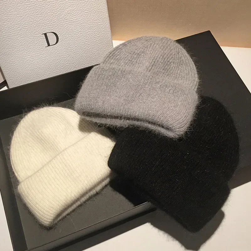 

2024 Rabbit Fur Beanies Soft Warm Fluffy Winter Hat for Women Angora Knitted Hat Skullies Beanies Female Bonnet Woman Knit Cap