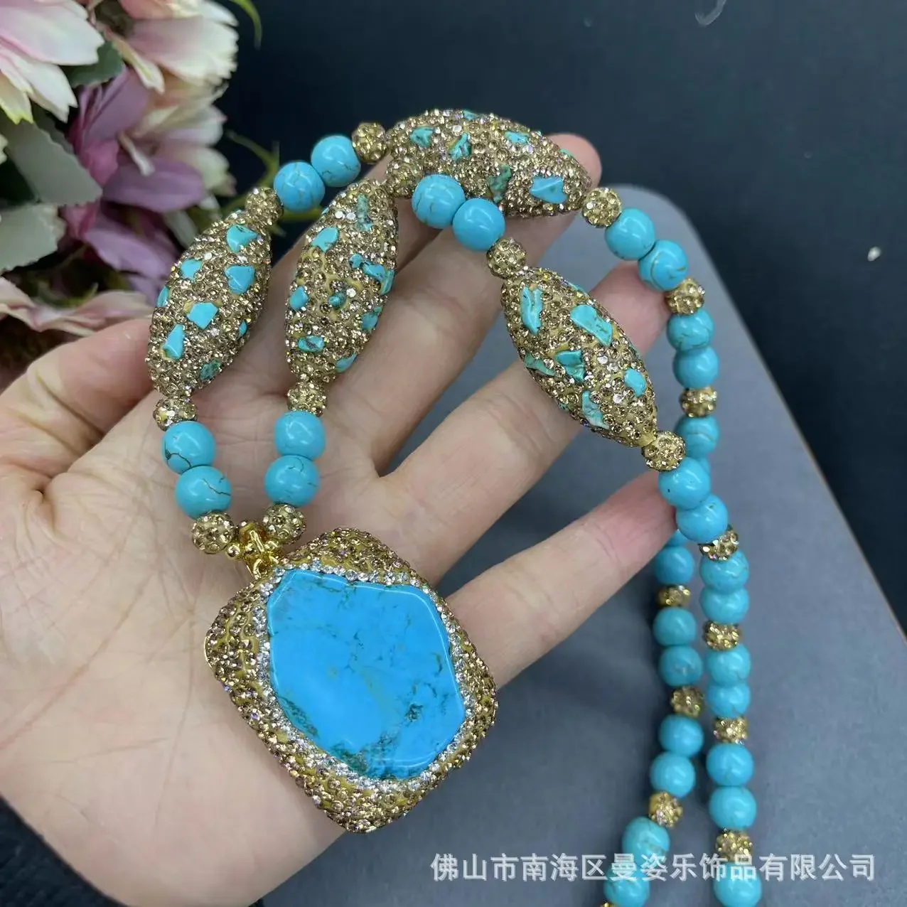 Square turquoise fashion necklace exaggerated sweater chain ethnic style original design natural stone jewelry