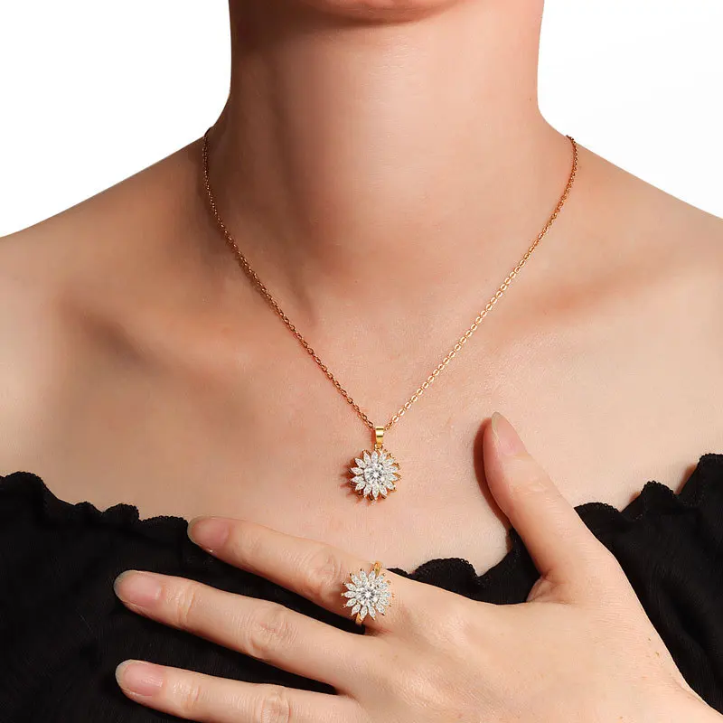Women's Rotating Sunflower Pendant Necklace And Adjustable Ring Set Shining Rhinestones Anxiety Relief Jewelry Accessory