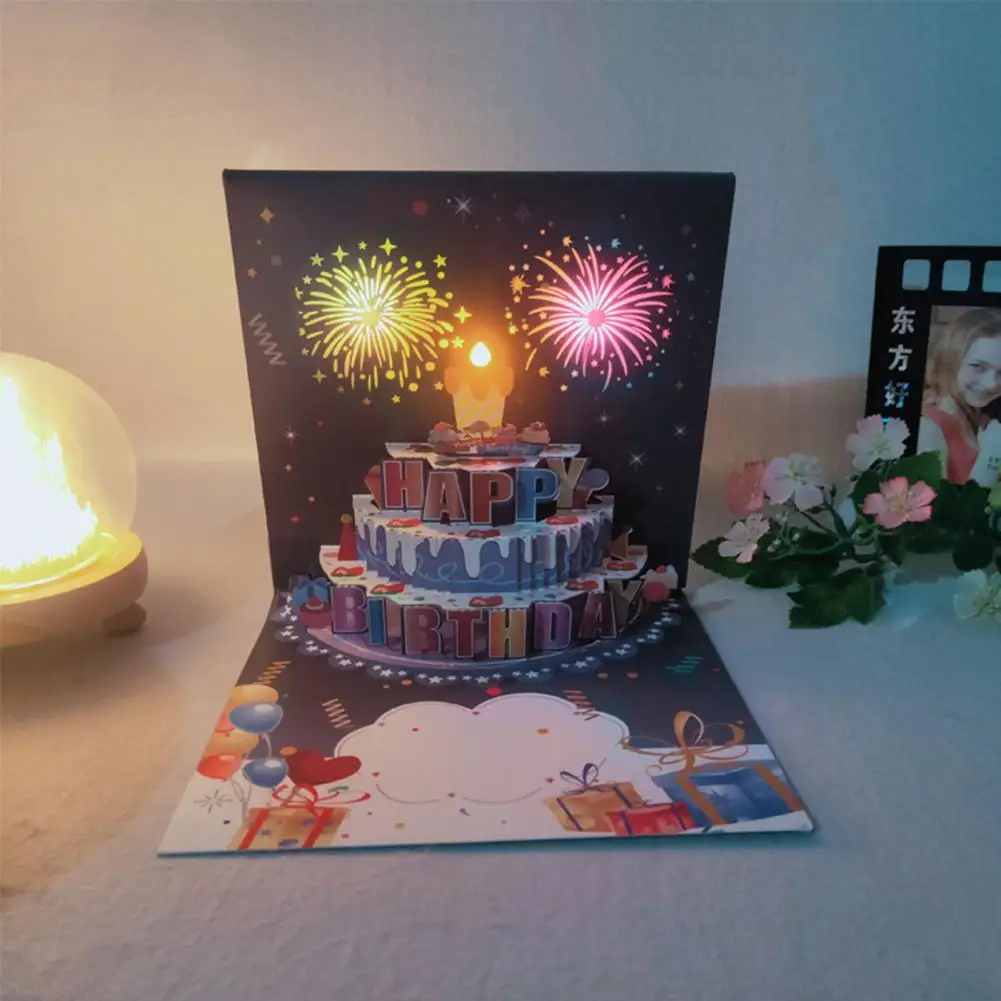 Electronic Candle Birthday Card Elegant 3d Pop Up Birthday Cards with Pyrotechnics Music Blowable Candle Birthday for Her