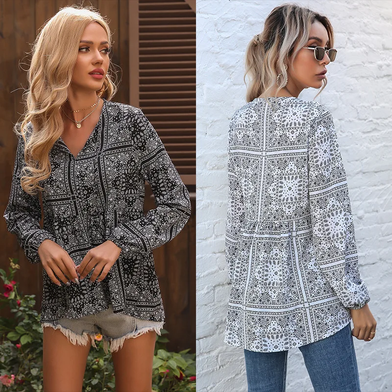 Summer T Shirt Women Hot Style Europe Printed v-neck Tassel long-sleeved Chiffon Female Tee Tshirts Dropshipping YWZ6656