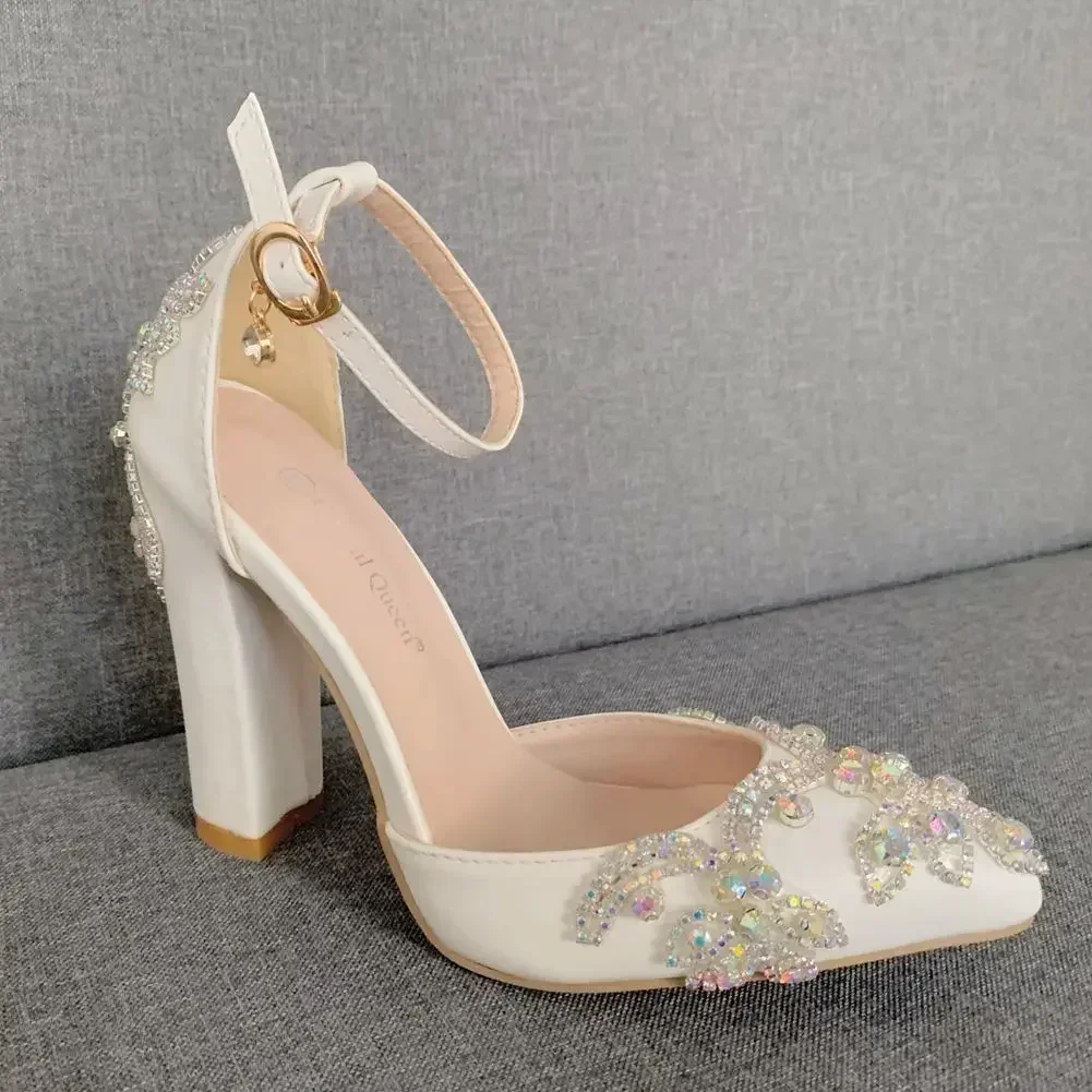 Zapatos de tacón grueso con punta estrecha para mujer, Sandalias de tacón grueso de talla grande, zapatos de boda con diamantes de imitación