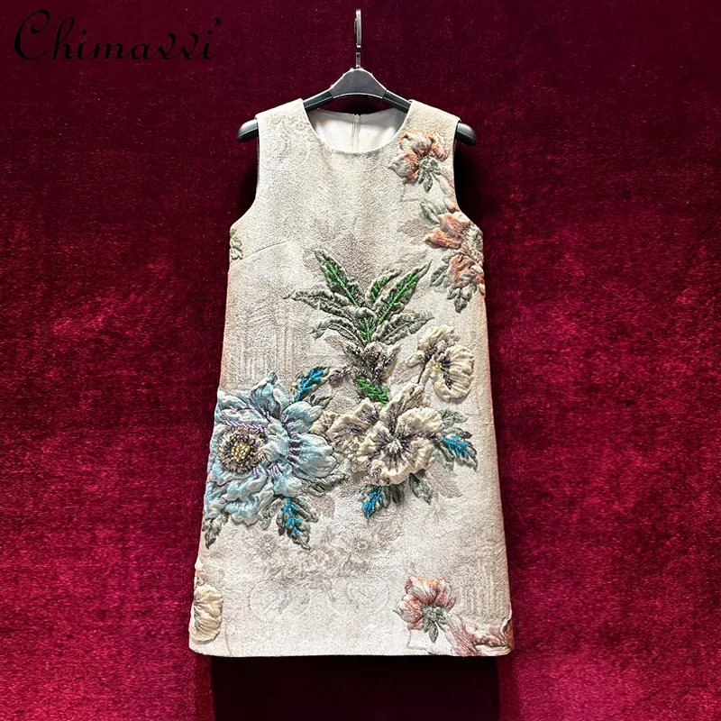 Retro Chinese Style Heavy Industry Beads Sleeveless Dress for Women New 2024 Summer Fashion Round Neck Party Short Dress