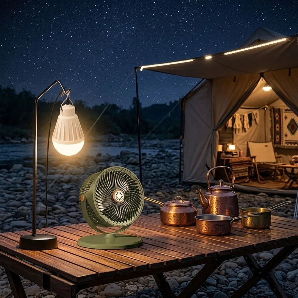 Solar Powered Floor Fan With LED Light Adjustable Height USB Rechargeable Camping Tent Outdoor Cooling Air Circulator