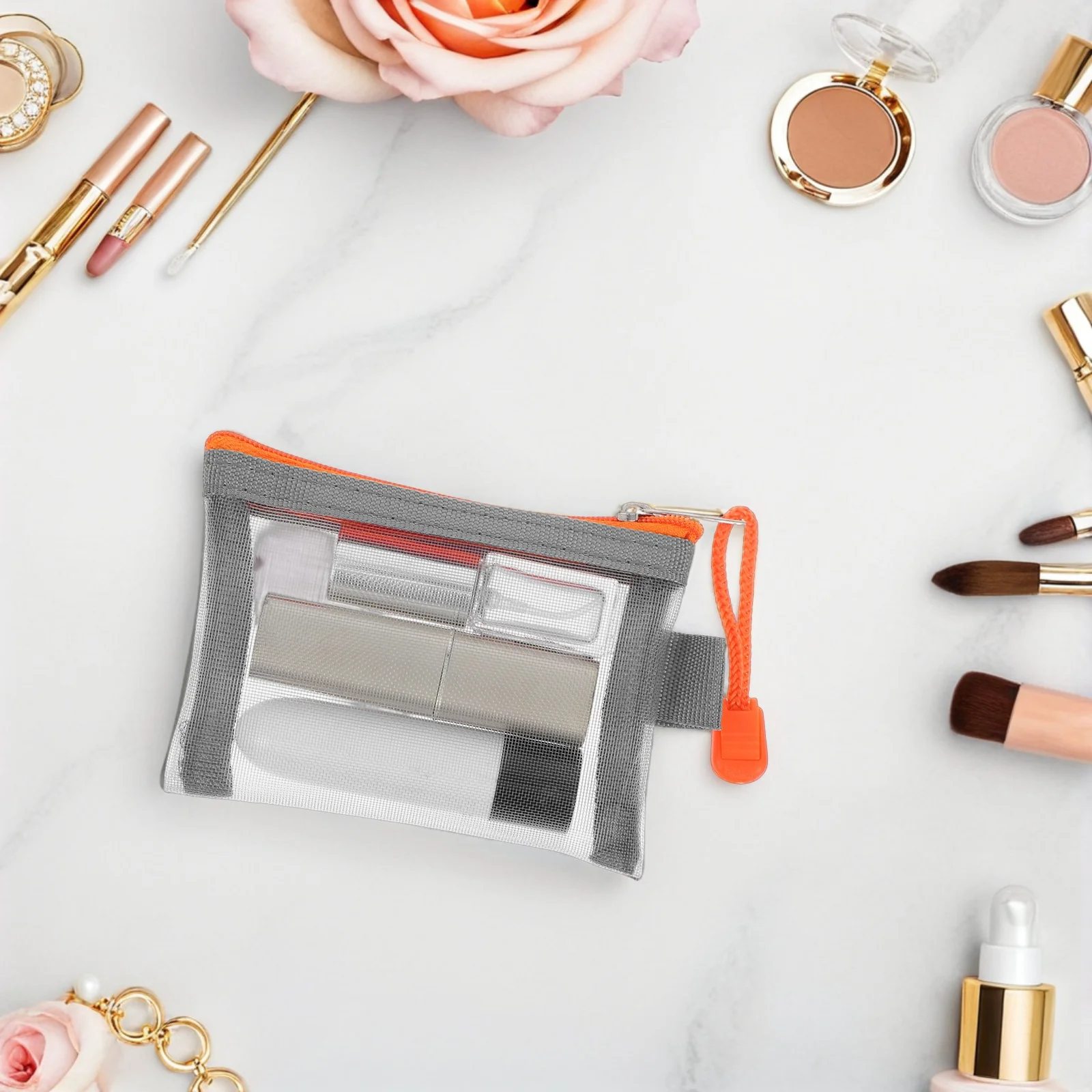 5 mini buste per trucco in rete con cerniera, organizer portatile, borse da viaggio, piccole borse da toilette per le donne