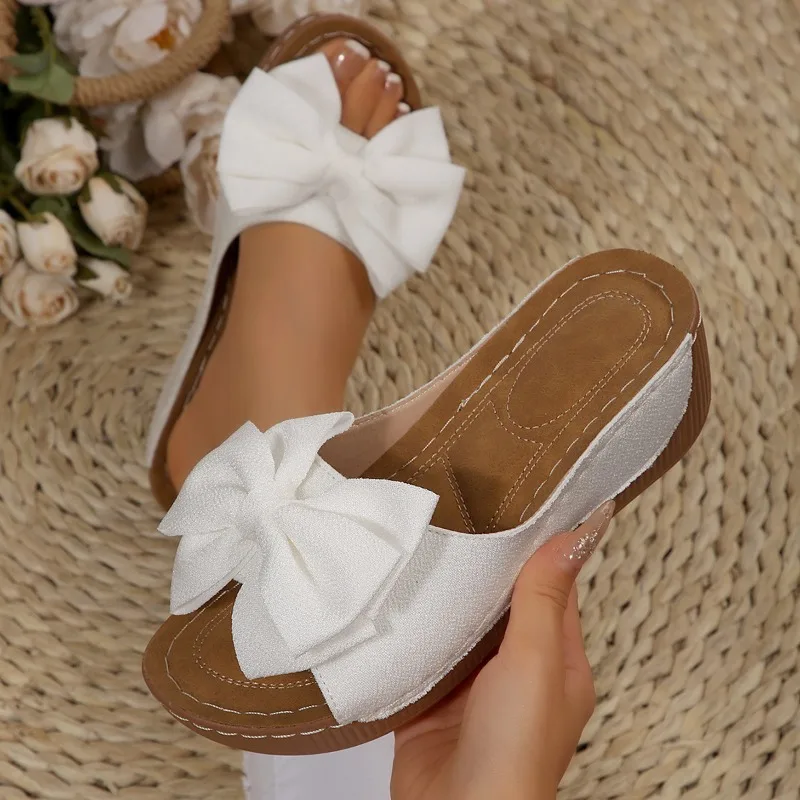 

Women Wedge Slippers Platform Outdoor Sandals 2025 New Leisure Large Size Shoes Women Lightweight Bow Tie Slippers Slides Women