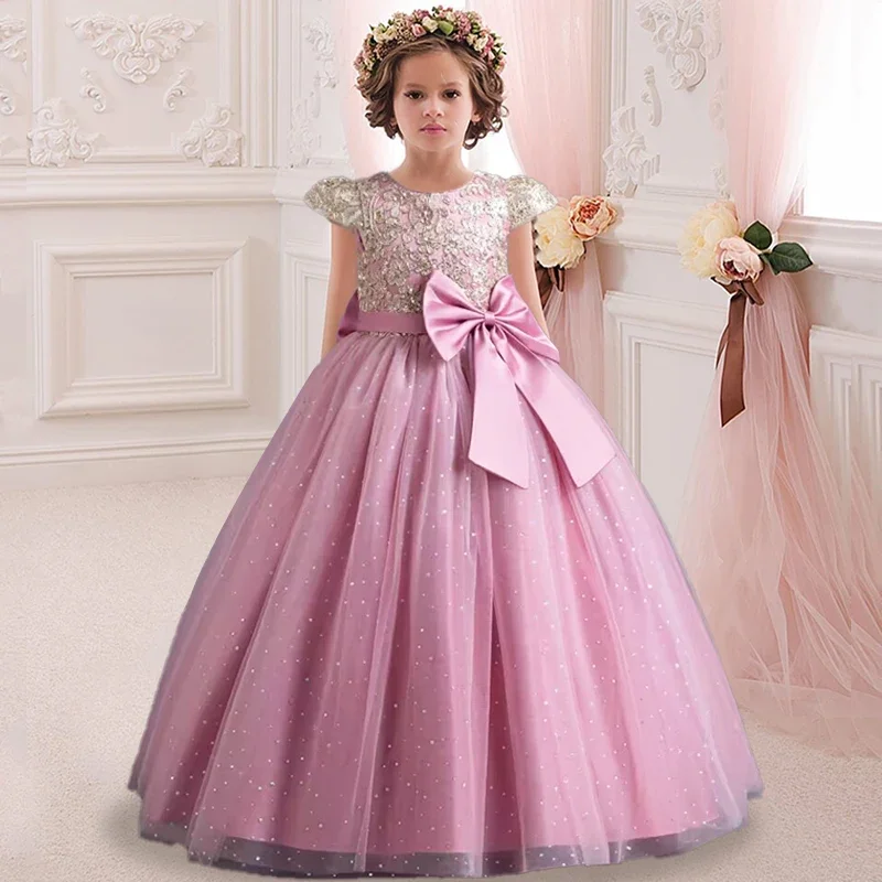 Girl's sequin large bow princess dress 5-14 year old children's embroidered mesh dress wedding dress carnival runway long skirt