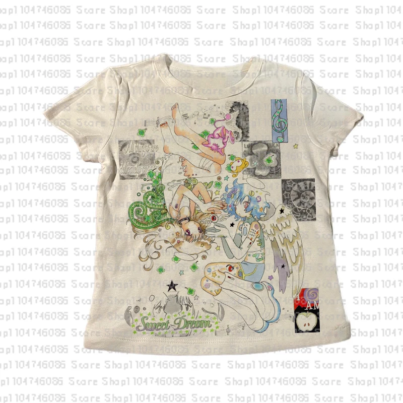 Vêtements de style coréen des années 2000, rétro des années 90 Emo, motif mignon Y2k, impression couleur, t-shirts Vintage Harajuku, T-shirt Slim à manches courtes