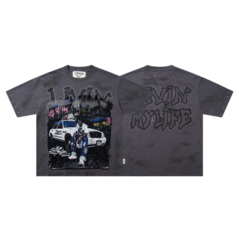 Retro Washed Black BKYS Short Sleeved New Hip Hop Brand Glitter Letter Printed Men's Women's T-shirts