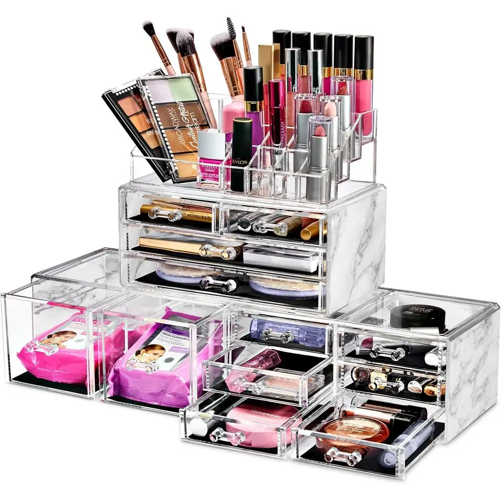

Large Makeup Organizer - Clear Stackable Jewelry & Makeup Organizer For Vanity, Bathroom Storage, Dresser - 12 Drawers Cosmetic