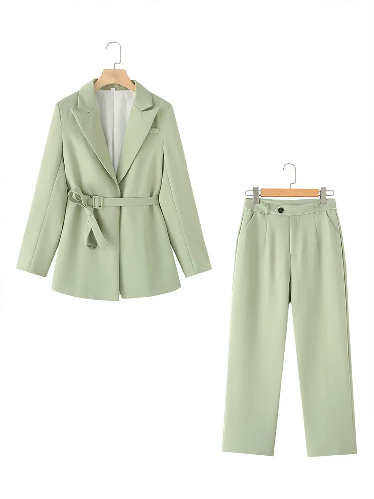 

2024 new women's clothing European and American style fashion trend solid color belt suit high waist slim trousers suit