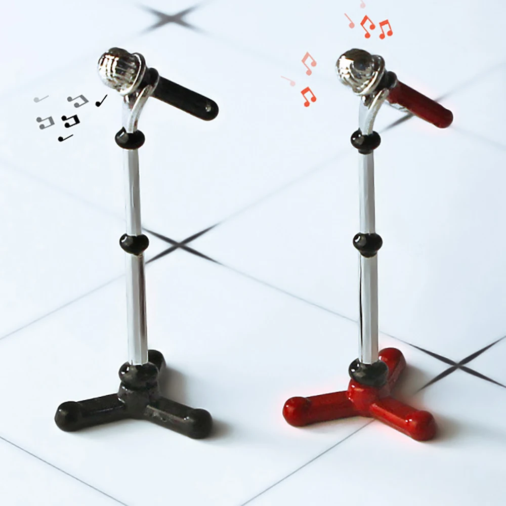 1 pçs 1/12 acessórios para casa de bonecas miniaturas mini microfone de liga com suporte modelo brinquedo para decoração de casa de boneca ob11 bjd