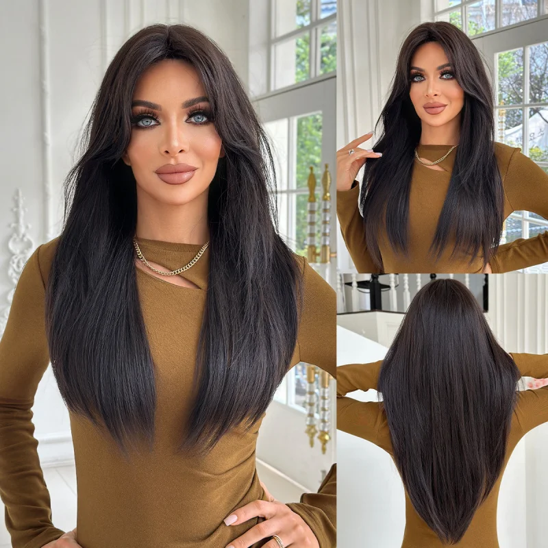 

New in dark brown color, long straight hair with layers, inward-curled bangs, high-quality full-head wig for women