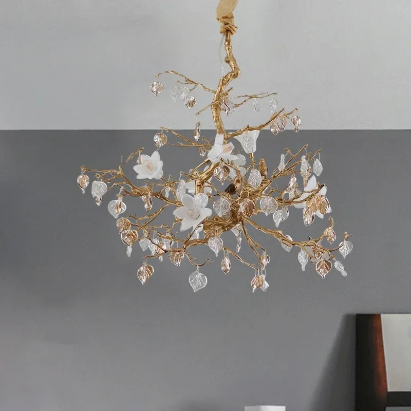 American‑Style Farmhouse Flower Pendant Light, Luxury Postmodern Crystal Full Copper Branch Leaf Hanging Lamp For Bedroom Living