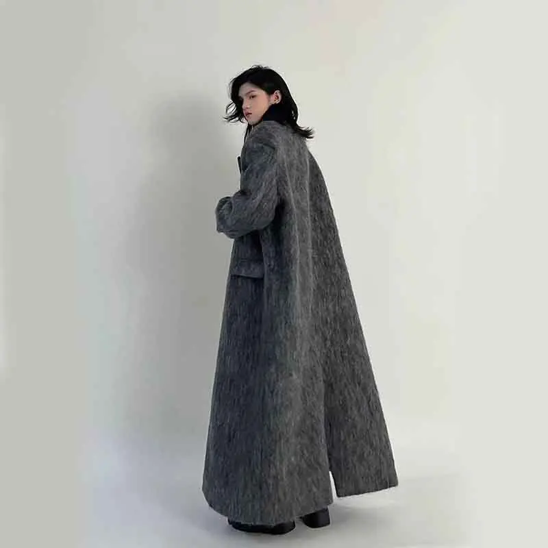 Autumn Korean Women Faux Woolen Coats Y2K Fashion Winter Solid Thicken Long Jacket Female Loose All Match Fluffy Blends Outwear