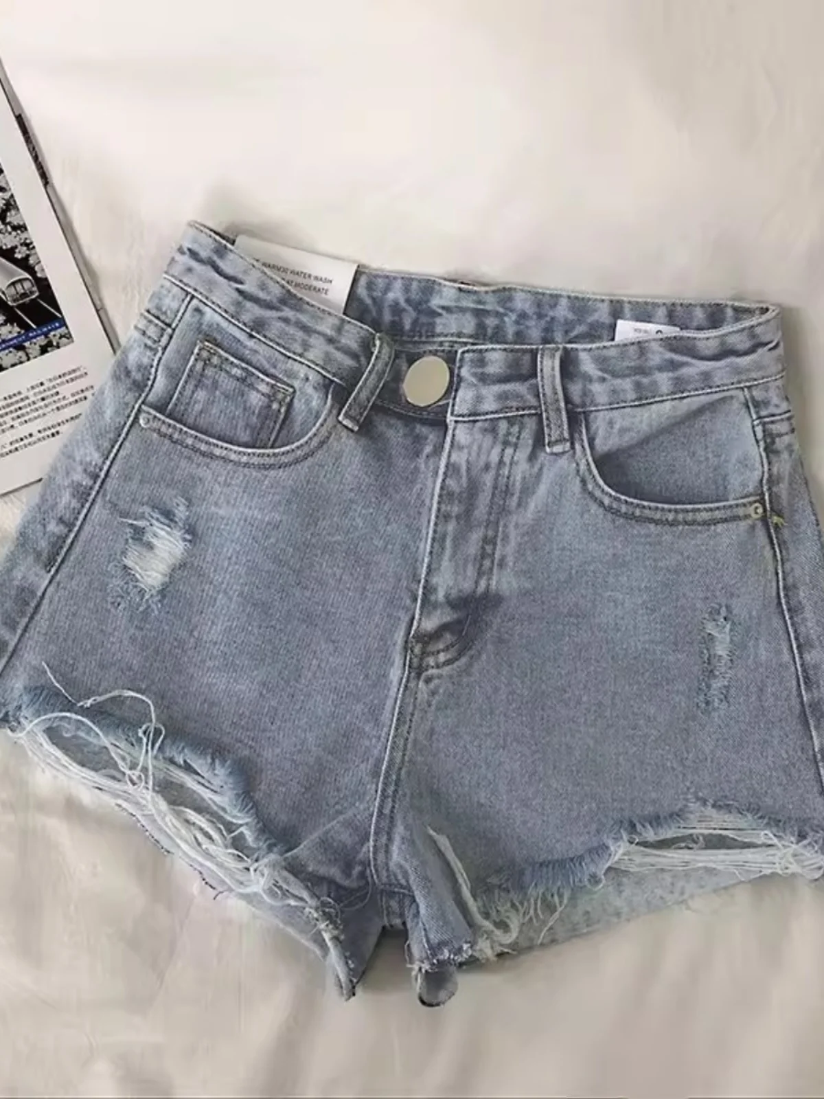 

High Waist Wide Leg Short Jeans Women's Summer New Style Hong Kong Flavor HyunA Hole Ripped Roll up Hem Hot Pants