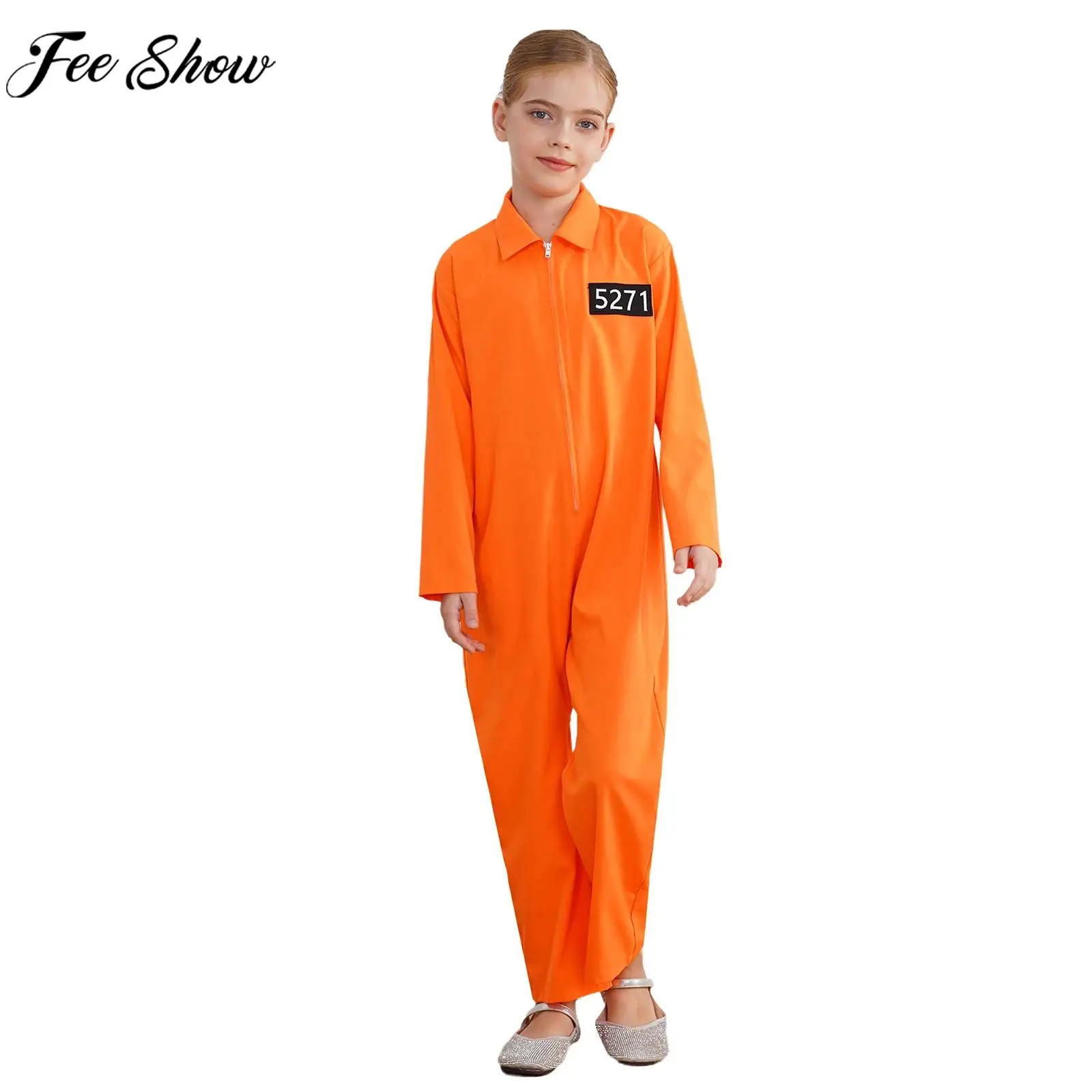 Boys Girls Prisoner Bodysuit Halloween Themed Party Carnival Cosplay Costume Long Sleeve Jumpsuit Jailbird Inmate Prison Uniform