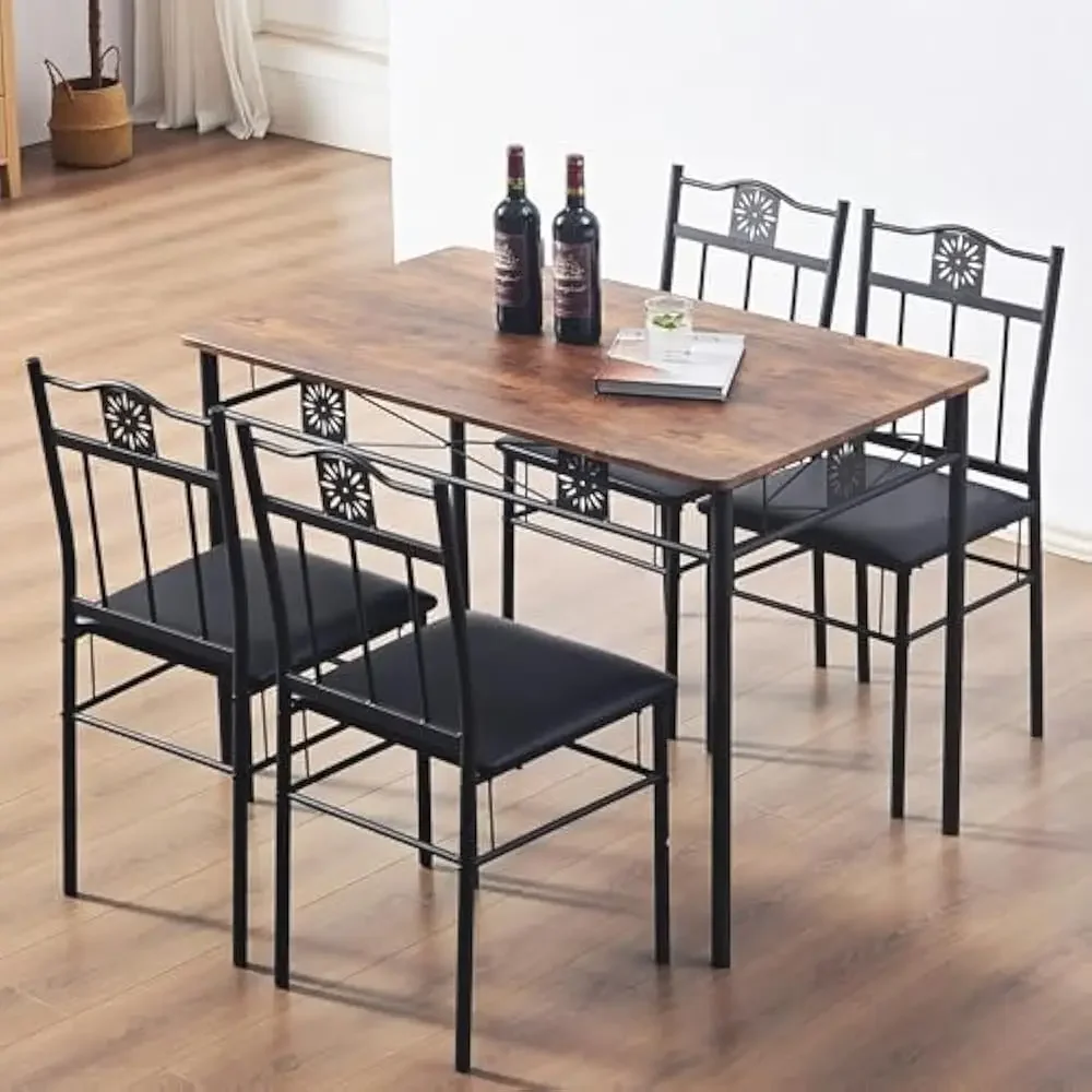 

Dining Room Table Sets for 4, Dinette with PU Padded Chairs, 5 Piece Wood Rectangular Breakfast Nook, Dining Room Table