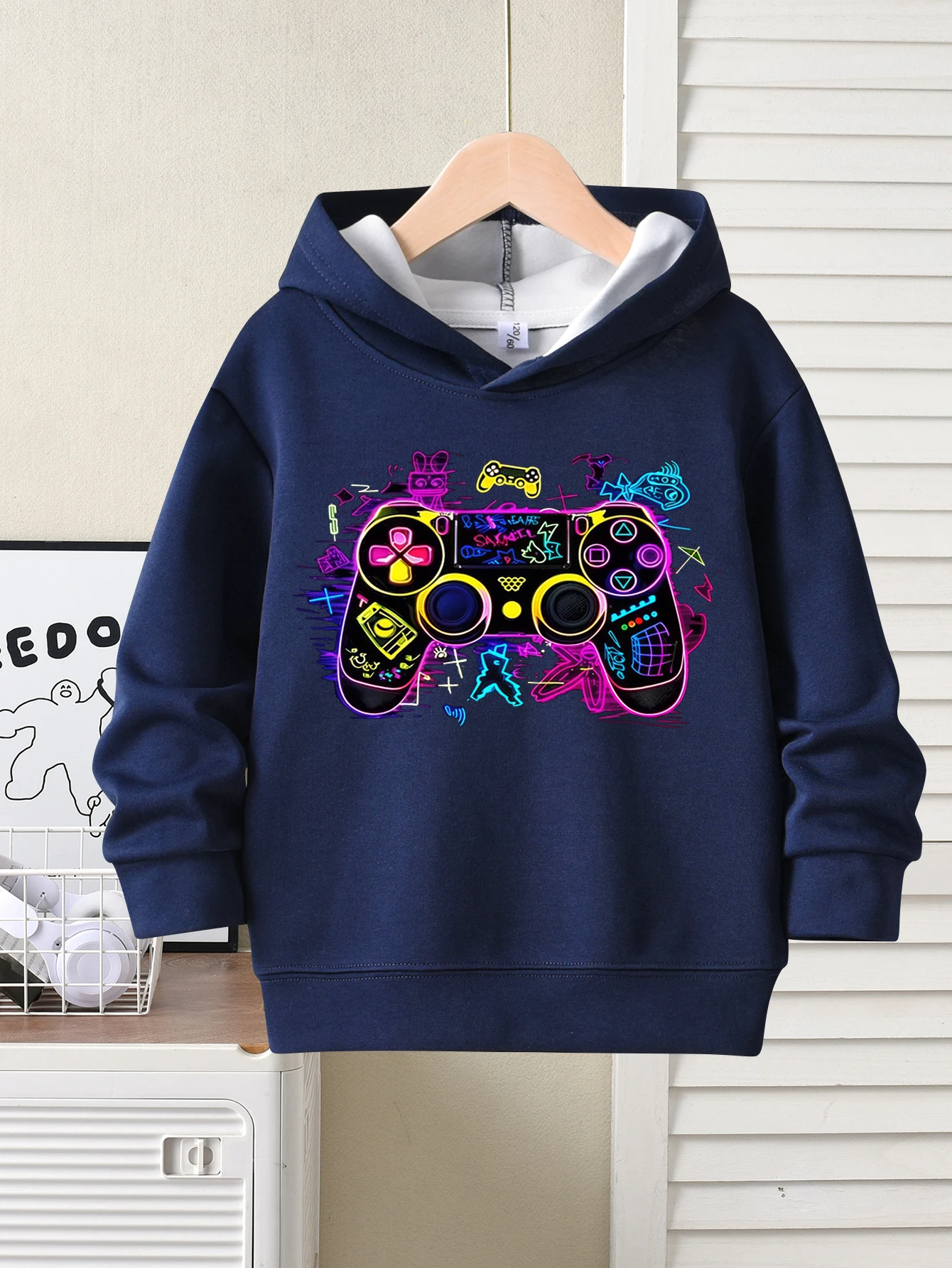 Children's hooded sweatshirt, autumn fashion trend top, colorful handle printed pattern, boys' casual pullover hoodie