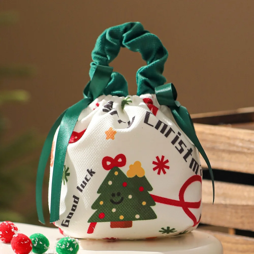 Christmas Gift Bags Cartoon Candy Bag with Bow Biscuits Apple Packaging Bag Children's Gifts Drawstring Bags Party Supplies