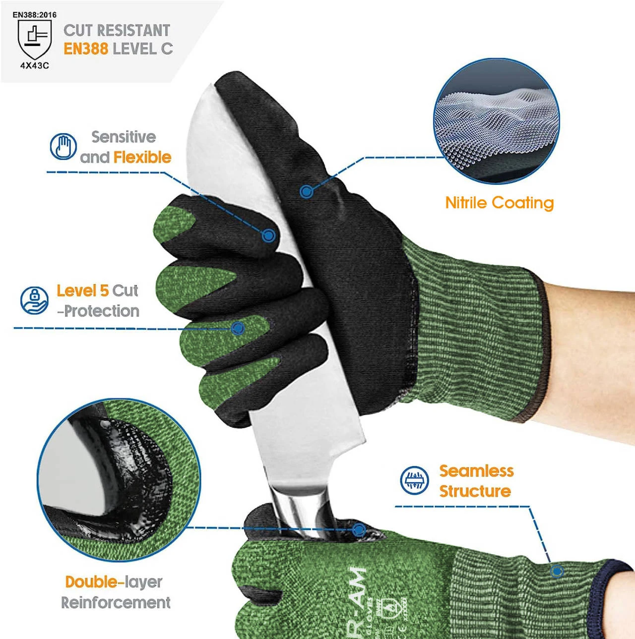 1/3pair Cut Resistant Work Gloves ANSI Cut3，3D Comfort Stretch Fit, Power Grip, Durable Sandy Nitrile