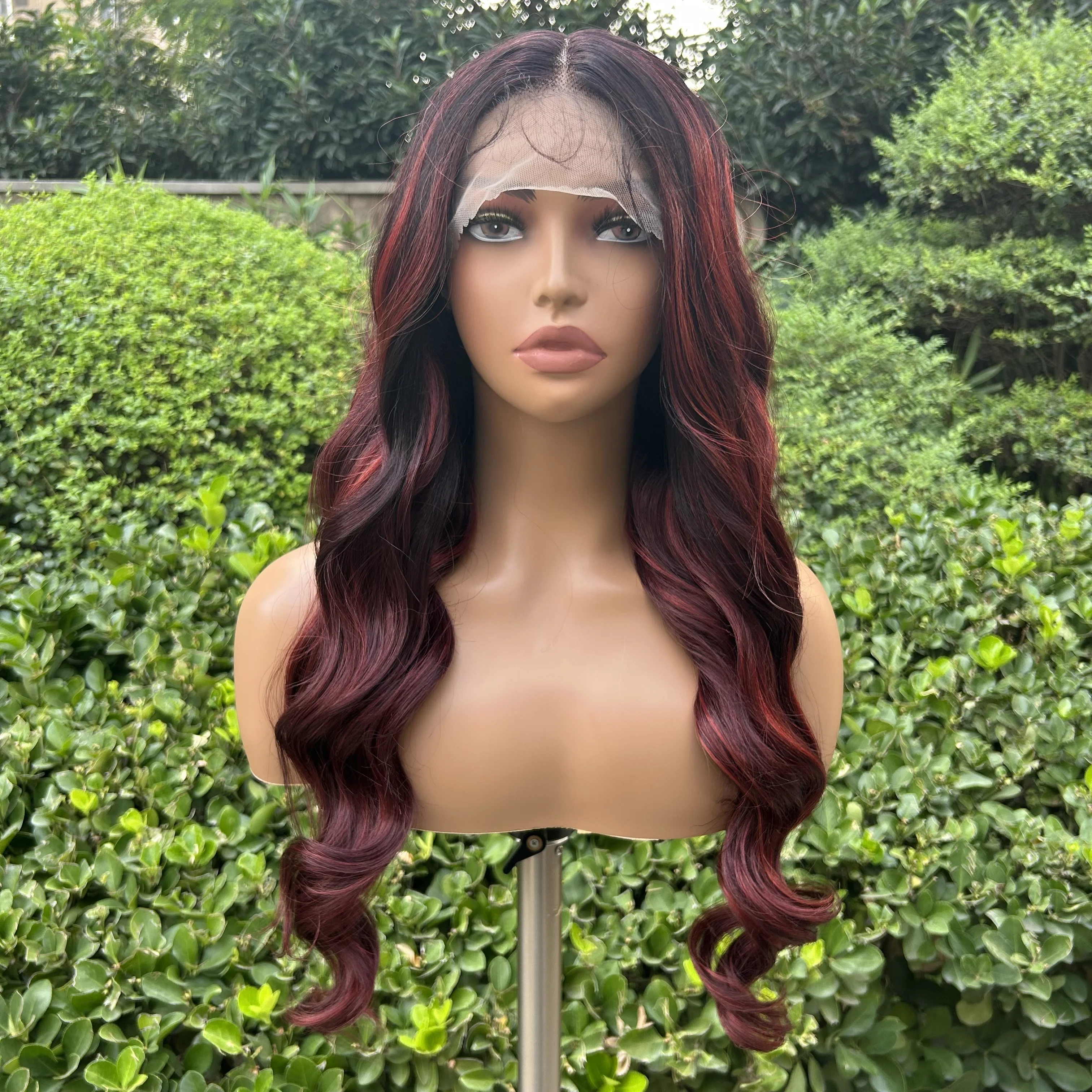 X-TRESS Black Highlight Wine Red Wigs for Black Women Soft Natural Synthetic T Part Breathable Lace Front Wig Heat Resistant