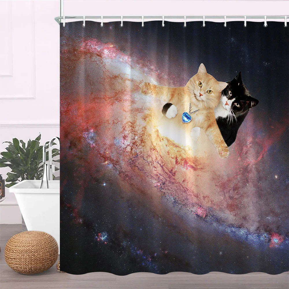 Funny Western Cowboy Cat Shower Curtain Cat Riding Shark Whale Universe Galaxy Cartoon Hilarious Fabric Kid Decor Bath Curtain