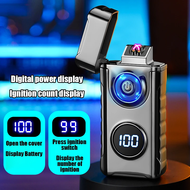 Rechargeable Double Arc Lighter Metal Body Digital Power Display With Light Ignition Count Type-C  Charging