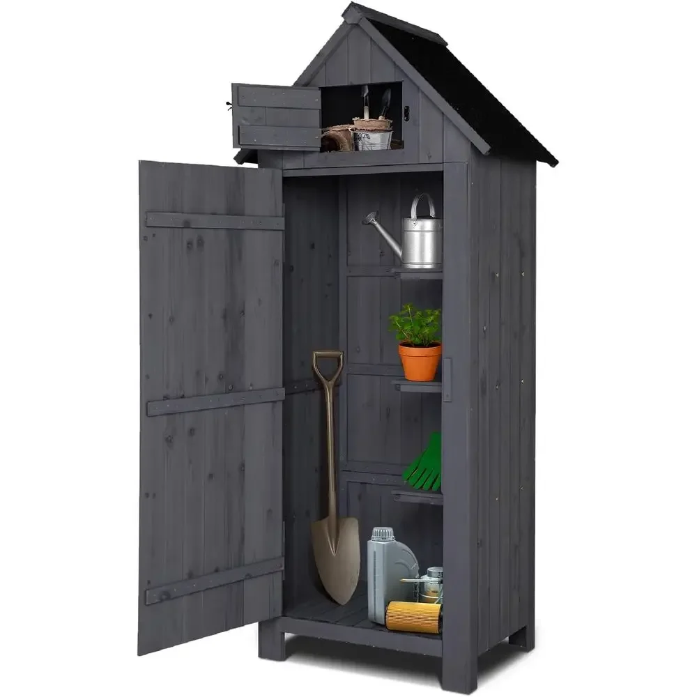 Outdoor Wooden Garden Shed - Secure Patio Storage Organizer in Grey