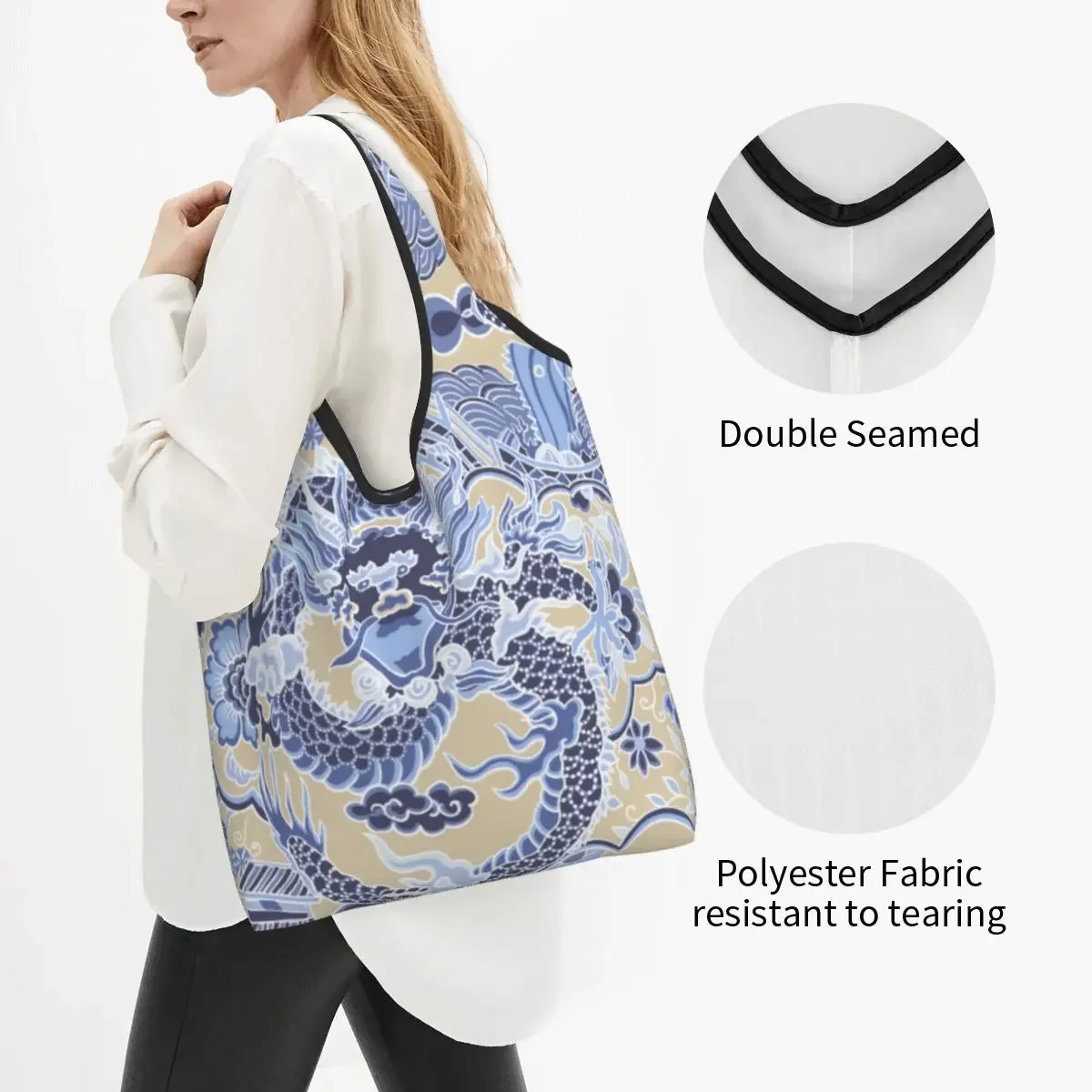 Reusable Imperial Dragon Blue Chinoiserie Shopping Bag Women Tote Bag Portable Tradition Asian Mythology Grocery Shopper Bags