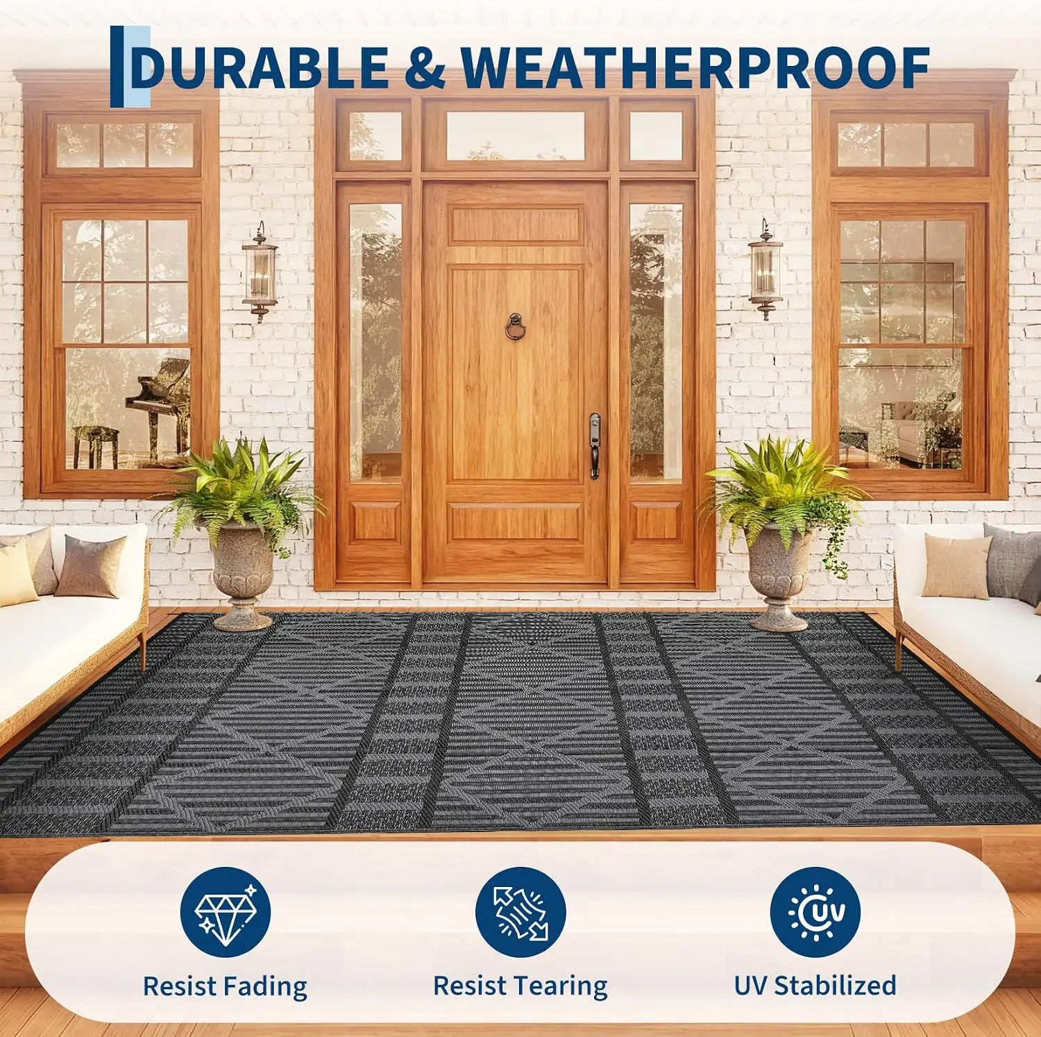 9x18 Ft Outdoor Rug 320GSM PP Woven Double Sided Same Pattern Waterproof Geometric Patio Mat for Backyard Deck Porch Camping Pic