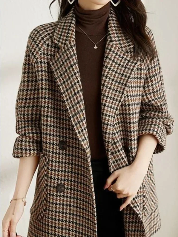 Women Coat Plaid Woolen Coat for Women\'s Autumn Winter Overcoat Korean Fashion Mid Length Coat for Women\'s Clothing Tops