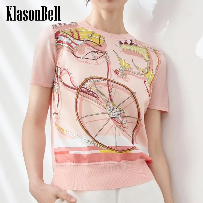 5.7 KlasonBell Elegant Temperament Geometric Pattern Silk Short Tee Women's Spliced O-Neck Pullover Knitwear Fit T-Shirt