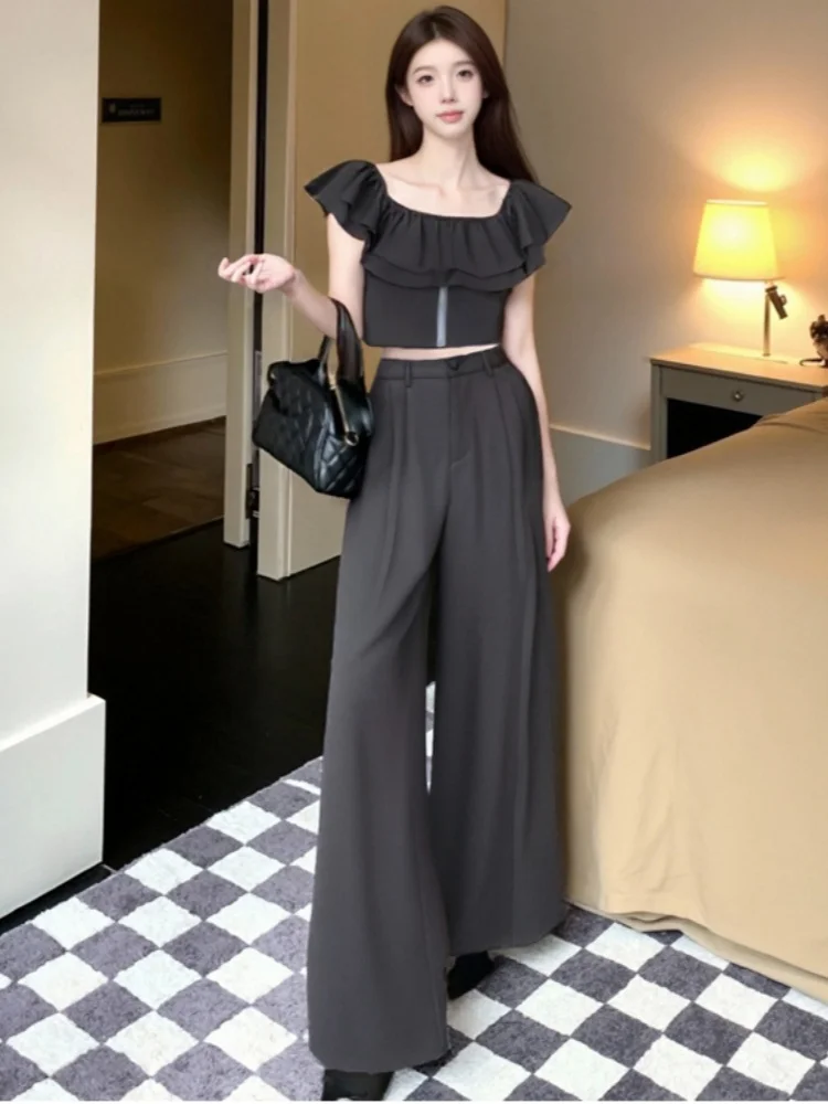 

Korean Chic High-End Sexy Slash Neck Slimming Shirt Two-Piece Set Women's High Waist Wide Leg Casual Pants 2 Piece Outfits