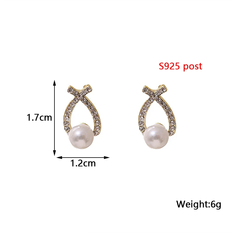 Crystal Cross Stud Earrings for Women Imitation Pearl Beads Sweet Girls Hollow Oval Rhinestone Small Earrings pendientes mujer