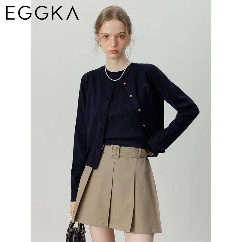 EGGKA Autumn Solid Elegant Knitwear Women Designer Celebrity Knitted Two-piece Sets Korean Fashion Slim Vest+cardigan 2024 New