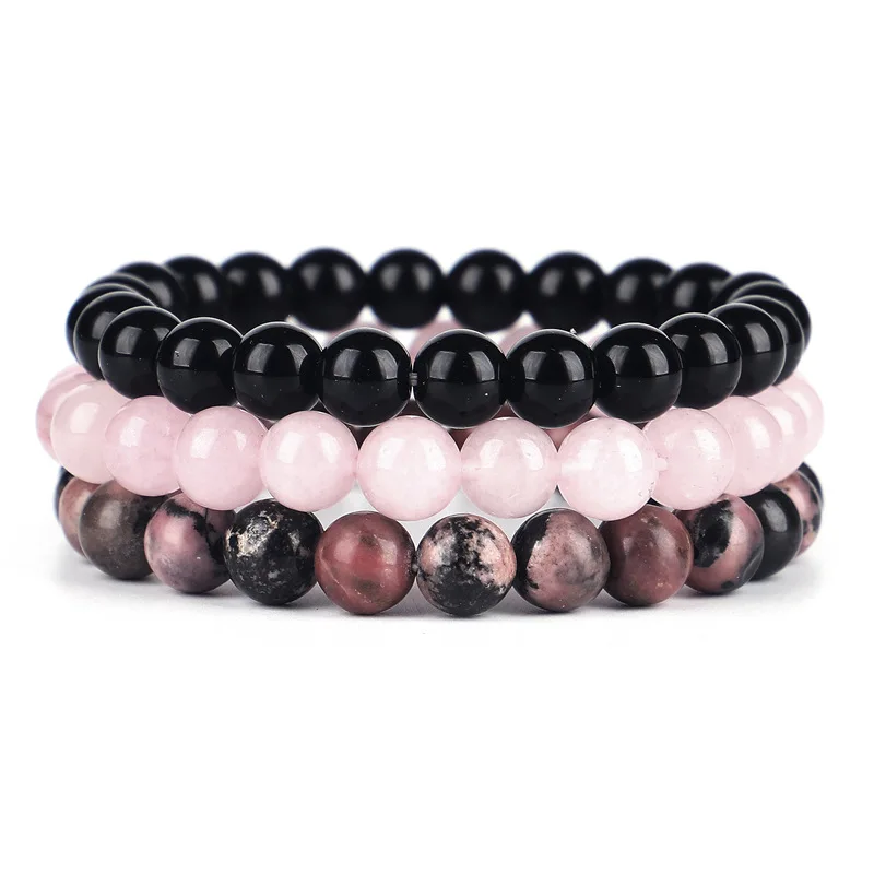 

3 Piece Energy Healing Stone Beaded Bracelet Set Natural Rose Quartz Rhodochrosite Gemstone Stretch Bracelets for Women