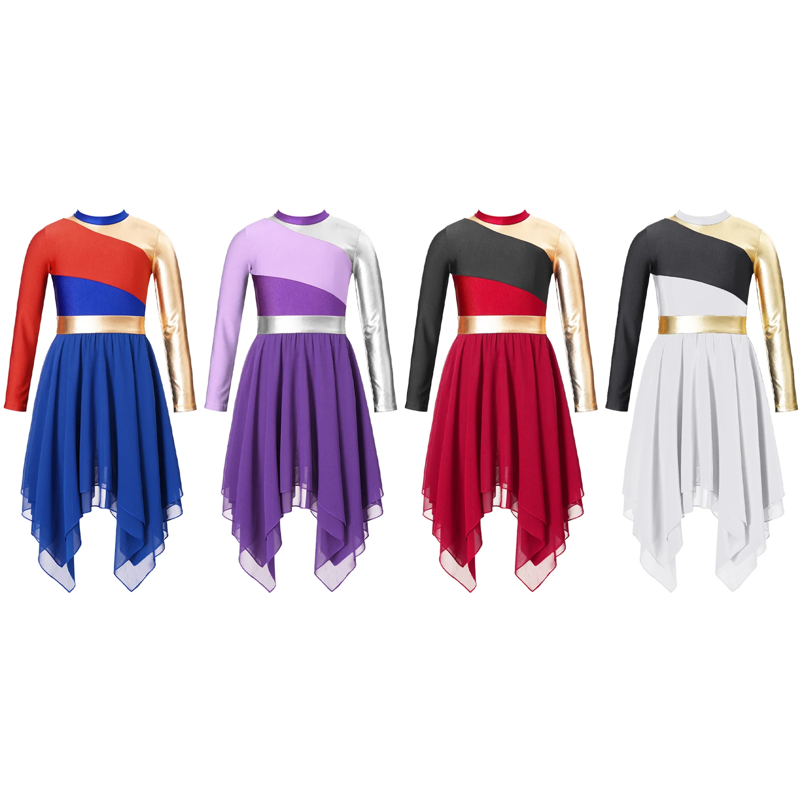 Kids Girls Praise Lyrical Dance Dress Long Sleeve Chiffon Contrast Color Dress Modern Contemporary Dancing Performance Costumes