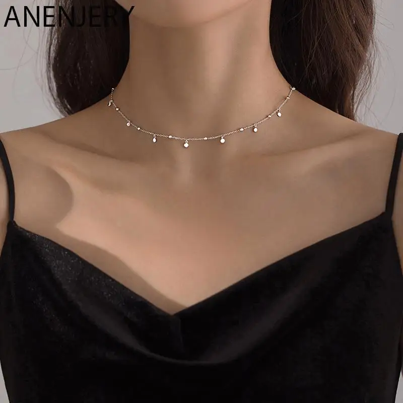 ANENJERY delikatna biżuteria okrągłe koraliki dyski Choker naszyjnik dla kobiet Party łańcuszek do obojczyka naszyjnik prezenty hurtowo S-N695