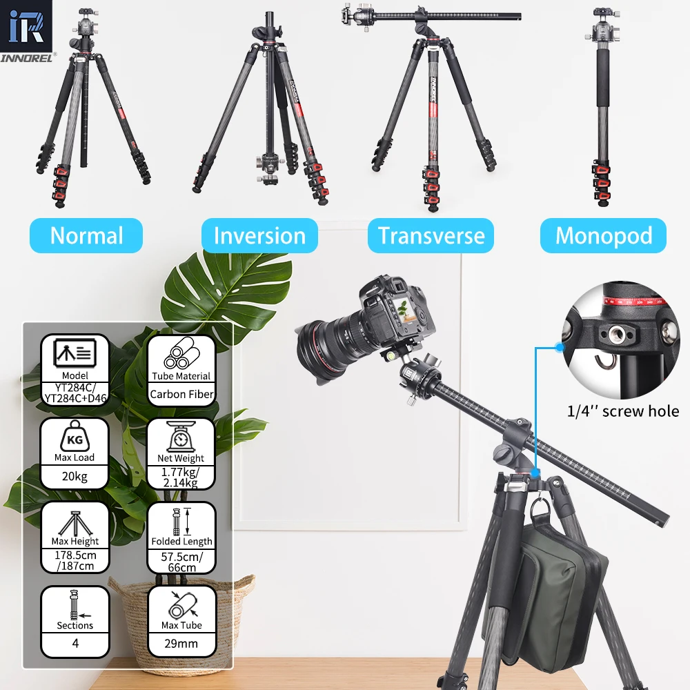 Carbon Fiber Horizontal Tripod INNOREL YT284C, Professional Camera Monopod for DSLR Video Camcorder Overhead Shooting Load 20kg